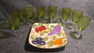 lot 346 image: Decorative Fruit Plate and Set of 8 Green Glass Goblets