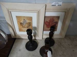 lot 2830 image: Lot of 2 Leaf Pictures and 3 Candle Holders