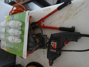 lot 2839 image: Lot of Hardware-- Light Bulbs, Electric Drill, Palm Sander, etc.