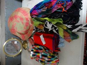 lot 2841 image: Lot of Vanity Items- Hats, Scarves, Mirror, etc