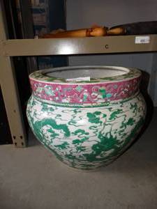 lot 3020 image: Green and Pink Planter- With repaired Crack