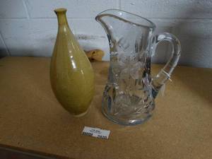 lot 2820 image: Glass Pitcher and Olive Green Vase