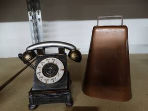 lot 3110 image: Cow Bell and Rotary Phone Decor