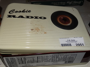 lot 2951 image: Metal Vintage Radio Tin filled w Crafting Items