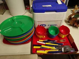 lot 2888 image: Lot of Camping Dishware-- Plates, Cups, Silverware and Cooler