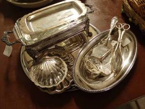 lot 2925 image: Lot of Silver Dishware and Glass Anchor Baking Dish