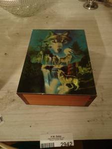 lot 2942 image: Wooden Box with Wolf Artwork