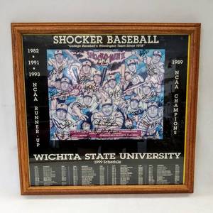 lot 100 image: 1999 Wichita State Shockers Baseball Team Autographed Framed Poster  Including Coach Gene Stephenson & All American Marc Bluma