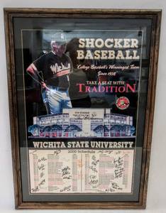 lot 101 image: 2000 Wichita State Shockers Baseball Team Autographed Framed Poster  Including Coach Gene Stephenson & All American Blake Blasi