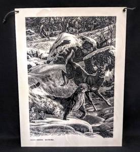 lot 105 image: 1978 Etched Montana Marble Art by Bill Oneil  Cougar - Whitetail  Dinner on the Run
