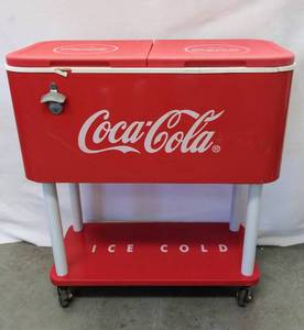 lot 107 image: Retro Coca Cola Cooler on Stand with Wheels