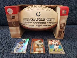 lot 9046 image: Indianapolis Colts Signing Ball and a Peyton Manning,Edgerin James ,and Marvin Harrison Card