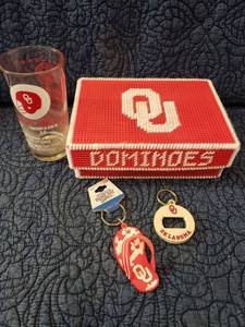 lot 9049 image: OU Set - 1978 Billy Sims Heisman Trophy - 1979 Orange Bowl Champion Glass -Two Key Chains and Dominoes