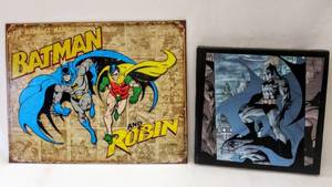 lot 5052 image: Batman and Robin Weathered Distressed Retro Tin & Framed Print of Classic DC Comics Batman