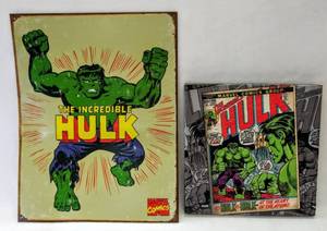 lot 5053 image: The Incredible Hulk Tin Sign & A Framed Picture of Marvel Hulk Vintage Comic