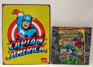 lot 5054 image: Captain America Distressed Retro Vintage Tin & Framed Print of a Captain America Comic