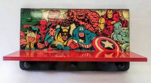 lot 5058 image: Open Road Brands Marvel Superhero Wood Wall Shelf 18 x 10 with 5 shelf space & 3 Hanging Knobs