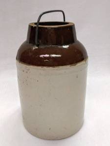 lot 5076 image: Old 2-Toned Crock - Appears to be a Weir Stoneware Canning or Preserves Crock