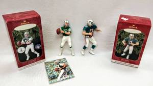 lot 5082 image: 2 Vintage Hallmark Ornaments 1999 Dan Morino & 1997 Joe Namath Ornament & Exclusive Trading Card  Both NIB