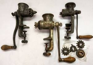 lot 5083 image: 3 Vintage Rustic Meat GrinderFood Choppers & Accessories
