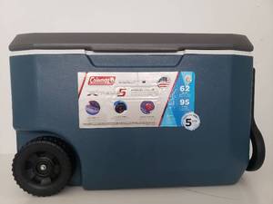 lot 9055 image: Coleman 62-Quart Xtreme 5-Day Heavy-Duty Cooler with Wheels, BlueWhite