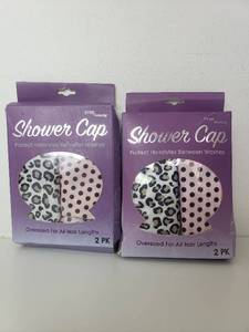 lot 9096 image: Lot Of 4 Evri Beauty 4pk Shower Caps Polka Dot & Cheetah Oversize For All Length