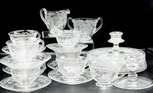 lot 2008 image: 27 piece Fostoria Romance Etched Crystal Lot