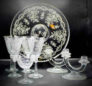 lot 2009 image: 8 piece Fostoria Romance Etched Crystal Lot