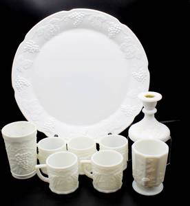 lot 2016 image: 9 piece Imperial Milk Glass Grape Pattern Lot
