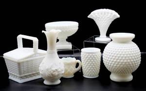 lot 2017 image: 7 piece Milk Glass Lot Hobnail, Basket Weave and more - Westmoreland Milk Glass and Fenton ()