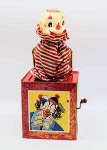 lot 2024 image: Vintage 1950s Mattel Circus Clown Jack in the Box Tin Toy No. 507, Tin Ladybug and Kazoo