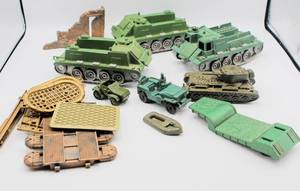 lot 2028 image: 1950s - 1960s Box Full of Vintage Army Tanks, Diecast Dinkys Toys Scout Car #673 Made in England and Accessories