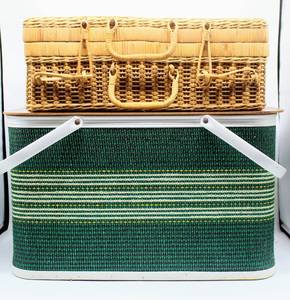 lot 2023 image: 2 Vintage Picnic Baskets - Green Woven and Wicker