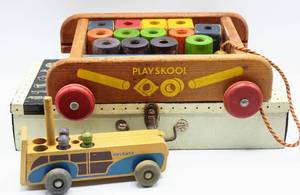 lot 2033 image: Mid Century Toys - Playskool Pull Toy, Box full of Tinker Toys and Wood Car