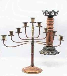 lot 2041 image: Brass Candelabra and Wood with Metal Candle Holder