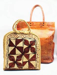 lot 2042 image: Parfleche () with woven sides Hand-painted Hand BagTote and Large Vintage Tote