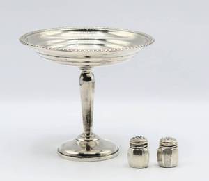 lot 2021 image: Sterling Silver Pedestal Bowl and Salt & Pepper Shakers