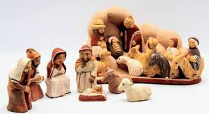 lot 2040 image: 2 Clay Nativity Sets made in Peru - Large Set Signed F. Aylas