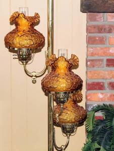 lot 2006 image: Vintage Mid Century Modern Tension Pole Floor Lamp Fenton Poppy Glass Lamps with Ruffle Edge Amber Glass - Works