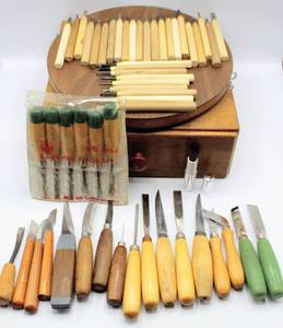 lot 2002 image: Box with Wood Working Lazy Susan attached - 50 Wood Working Tools inside
