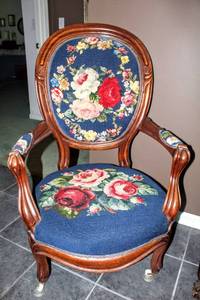 lot 6002 image: Beautiful Antique Armchair on Casters, Original Petit Point and Needlepoint Upholstery