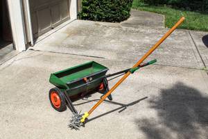 lot 6028 image: Vintage Scotts Precision Flow Control Spreader model# PF1 and Hand Tiller Cultivator