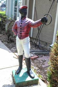 lot 6012 image: Cement Entry Garden Statue 48 Tall x 27.5 Wide, Currently Wired to Hold Light