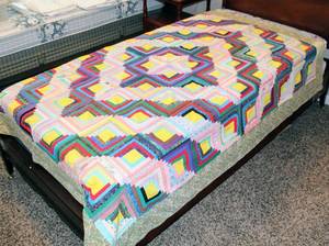lot 6062 image: Antique Quilt - Colorful Log Cabin Pattern with Baseball Theme Backing 64 x 76