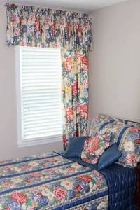 lot 6069 image: Beautiful Queen Size Custom Bedding Set - ComforterBedspread, Coverlet, 2 Shams, 2 Curtain Panels wTie Backs, 2 Valances and 3 Throw Pillows
