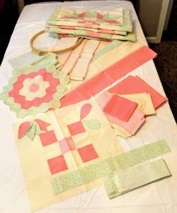 lot 6075 image: Unfinished Quilt Project - Some of the work is already done  Extra Fabrics and Quilted Pieces
