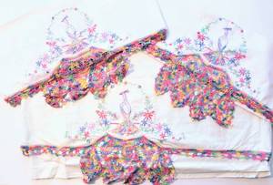 lot 6076 image: 2 Sets of Vintage Lady Pepperell Percale Hand Embroidered Full Size Sheet Sets - Beautiful Embroidered Peacock Design Set and Pink Scalloped Edge Embroidery Lace Set