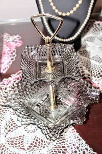 lot 6106 image: Vintage Handled 2 Tier Decorative Smoky Ripple Glass Dish Jewelry Dish Candy Dish