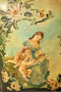 lot 6102 image: Antique Vintage Victorian Heirloom Photo Album Bound with Hard Raised Pictorial Front and the Back and Spine in Crushed Velvet Covering Circa 1800s