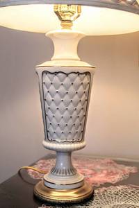 lot 6103 image: Beautiful Vintage Ivory Table Lamp and Shade with Golden Embellishments